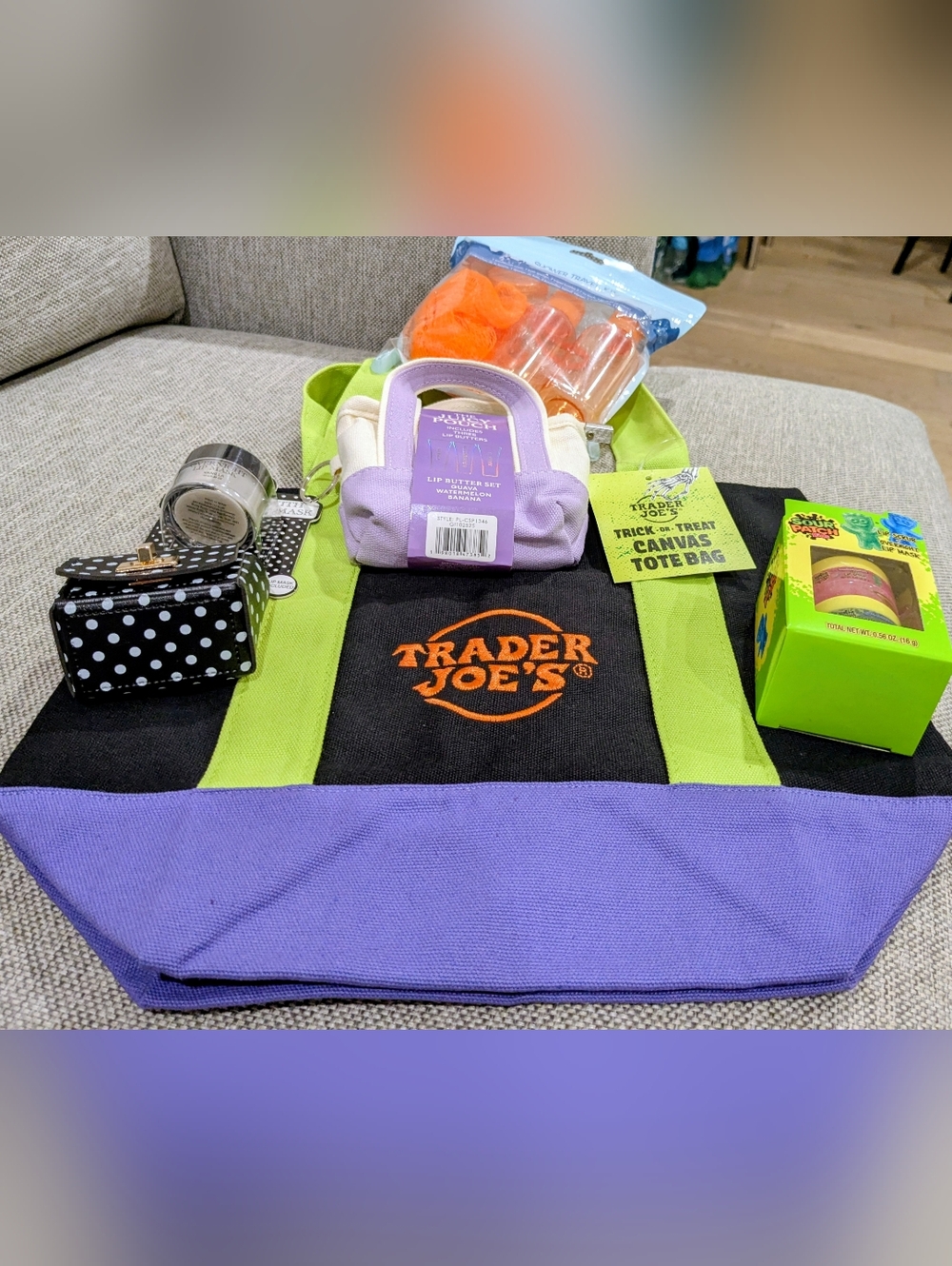 🖤Trader Joe's Canvas Tote Bag in Black with Lime Green Straps & Purple Base💜